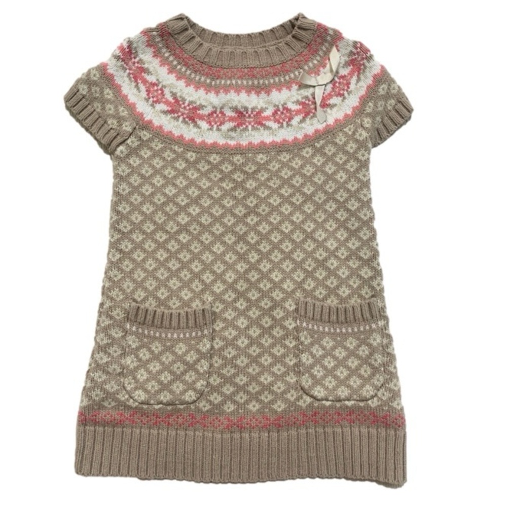 Savannah Tan Geometric Print Short Sleeve Casual Knit Infant 2T Sweater Dress